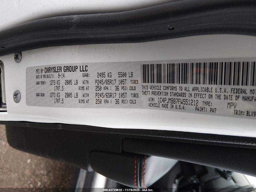 2015 Jeep Cherokee Trailhawk VIN: 1C4PJMBB7FW551212 Lot: 43729610