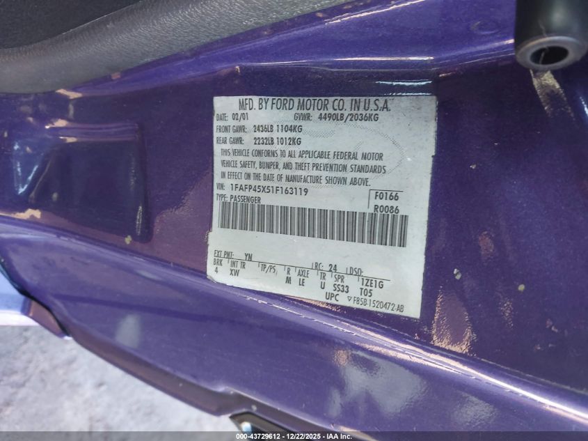 2001 Ford Mustang Gt VIN: 1FAFP45X51F163119 Lot: 43729612