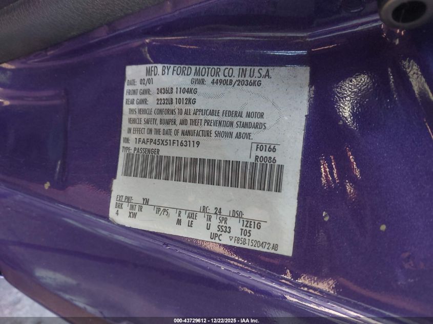 2001 Ford Mustang Gt VIN: 1FAFP45X51F163119 Lot: 43729612