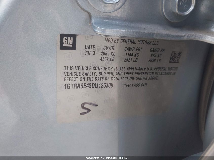 2013 Chevrolet Volt VIN: 1G1RA6E43DU125388 Lot: 43729616