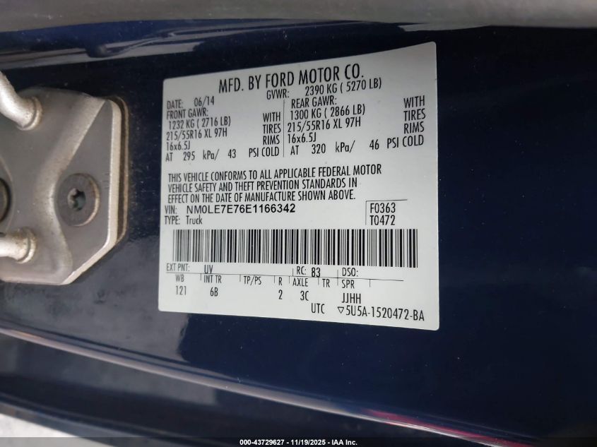 2014 Ford Transit Connect Xl VIN: NM0LE7E76E1166342 Lot: 43729627