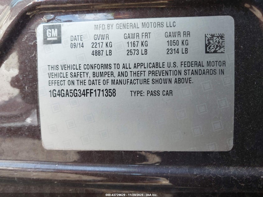 2015 Buick Lacrosse VIN: 1G4GA5G34FF171358 Lot: 43729629