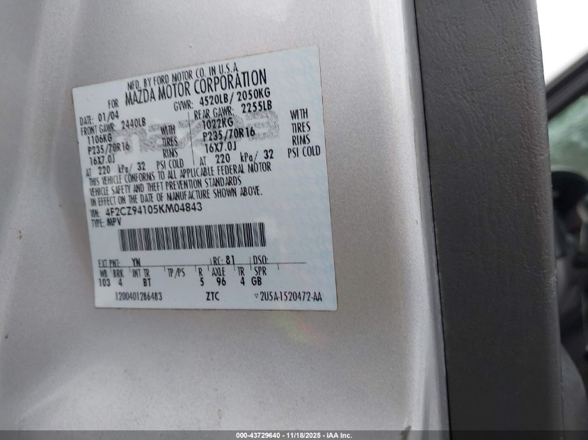 2005 Mazda Tribute S VIN: 4F2CZ94105KM04843 Lot: 43729640