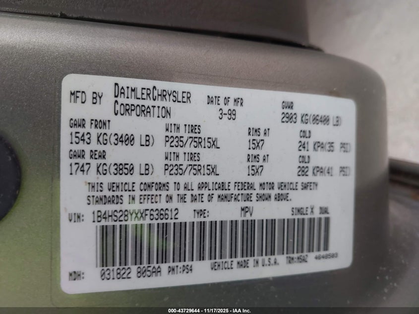 1999 Dodge Durango VIN: 1B4HS28YXXF636612 Lot: 43729644