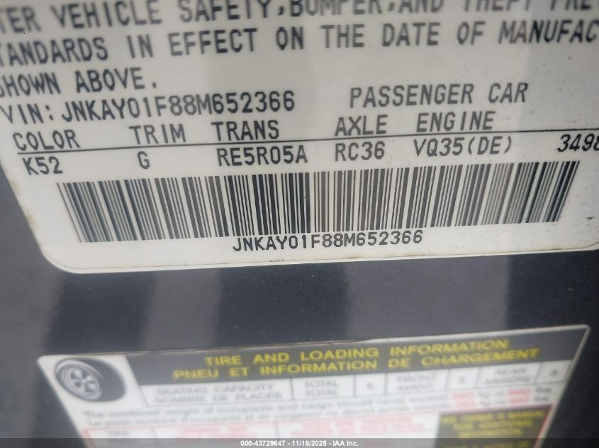 2008 Infiniti M35X VIN: JNKAY01F88M652366 Lot: 43729647