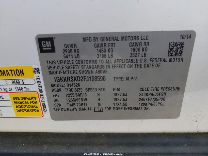 2015 GMC Acadia Slt-2 VIN: 1GKKRSKD2FJ198596 Lot: 43729659