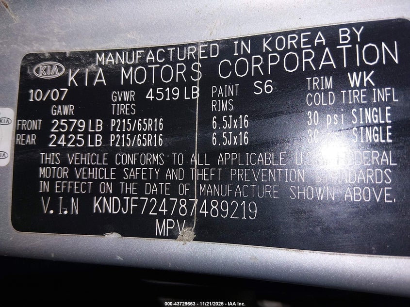 2008 Kia Sportage Lx VIN: KNDJF724787489219 Lot: 43729663