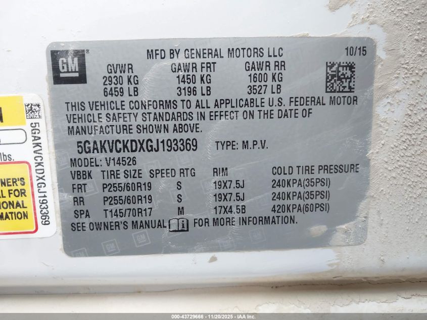 2016 Buick Enclave Premium VIN: 5GAKVCKDXGJ193369 Lot: 43729666