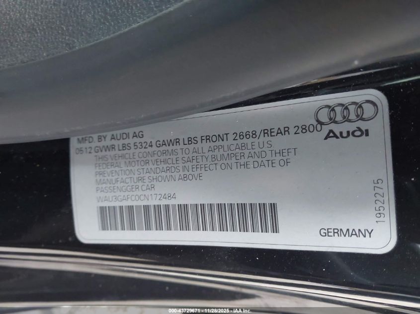 2012 Audi A7 Premium VIN: WAU3GAFC0CN172484 Lot: 43729671