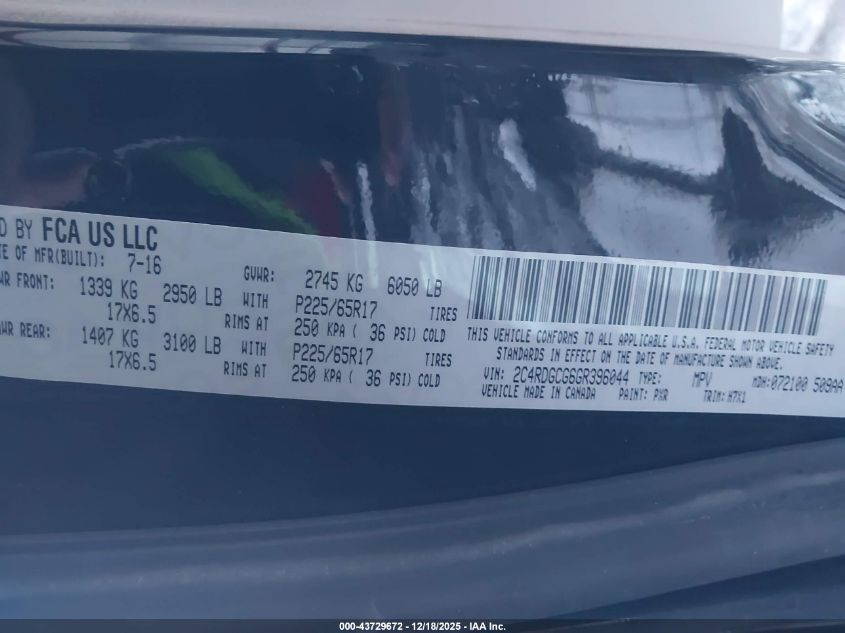 2016 Dodge Grand Caravan Sxt VIN: 2C4RDGCG6GR396044 Lot: 43729672