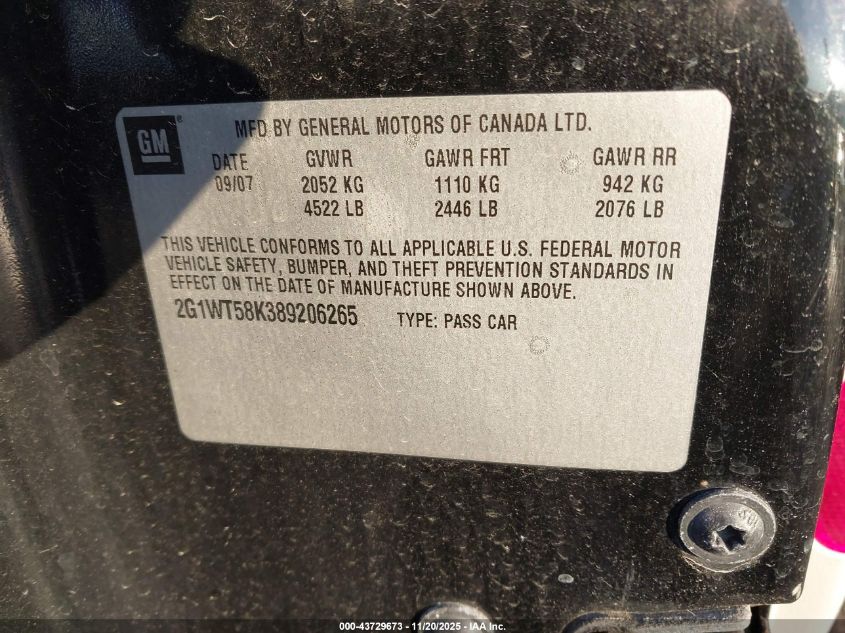 2008 Chevrolet Impala Lt VIN: 2G1WT58K389206265 Lot: 43729673