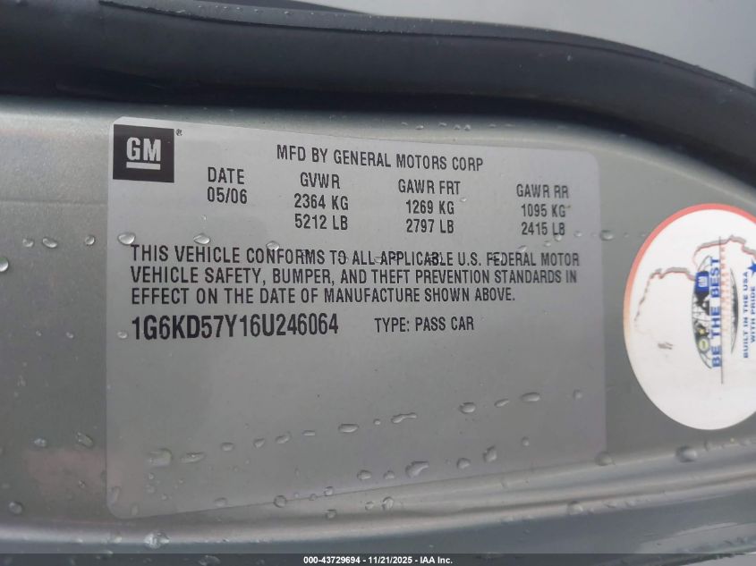 2006 Cadillac Dts Standard VIN: 1G6KD57Y16U246064 Lot: 43729694