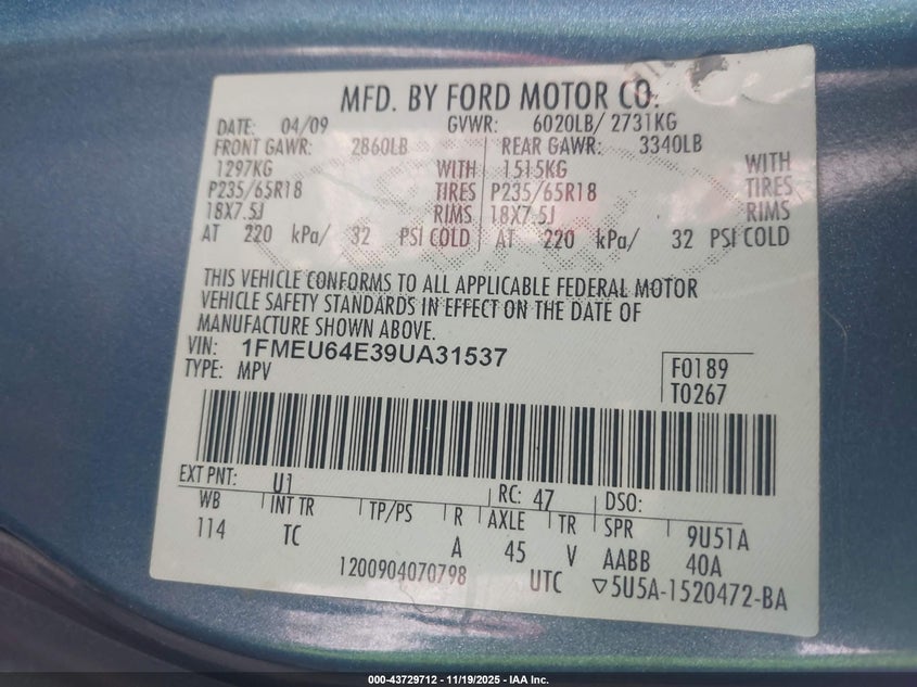 2009 Ford Explorer Eddie Bauer VIN: 1FMEU64E39UA31537 Lot: 43729712