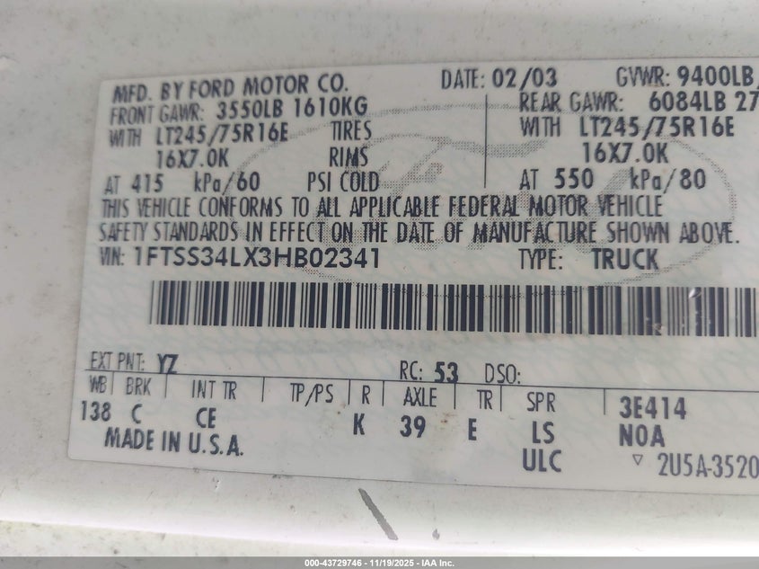 2003 Ford E-350 Super Duty Commercial/Recreational VIN: 1FTSS34LX3HB02341 Lot: 43729746