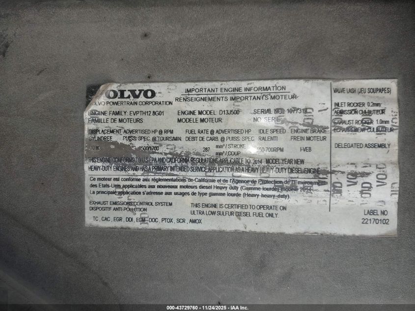 2012 Volvo Vn Vnl VIN: 4V4NC9EH8CN541292 Lot: 43729760