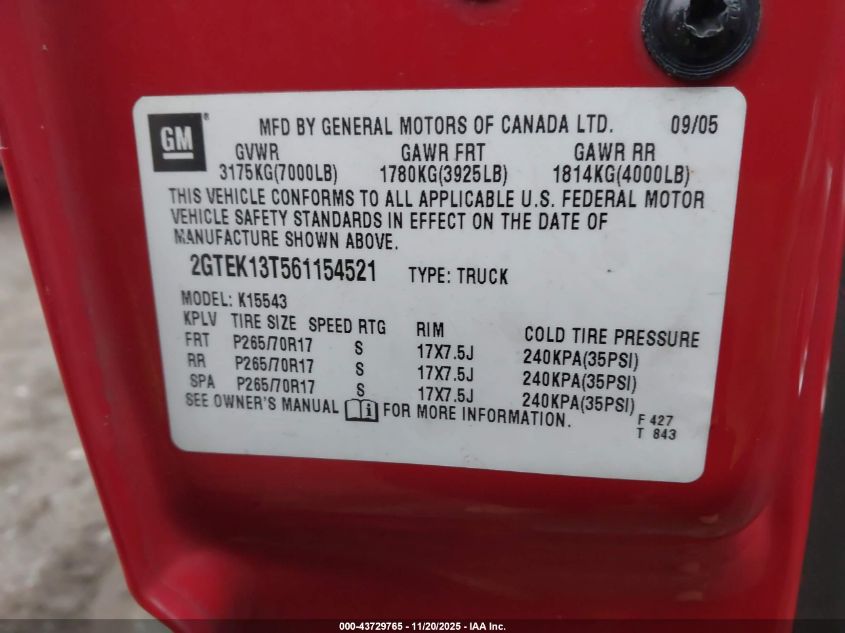 2006 GMC Sierra 1500 Sle2 VIN: 2GTEK13T561154521 Lot: 43729765
