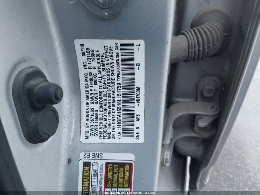 2006 Honda Civic Lx VIN: 1HGFA16516L151759 Lot: 43729772