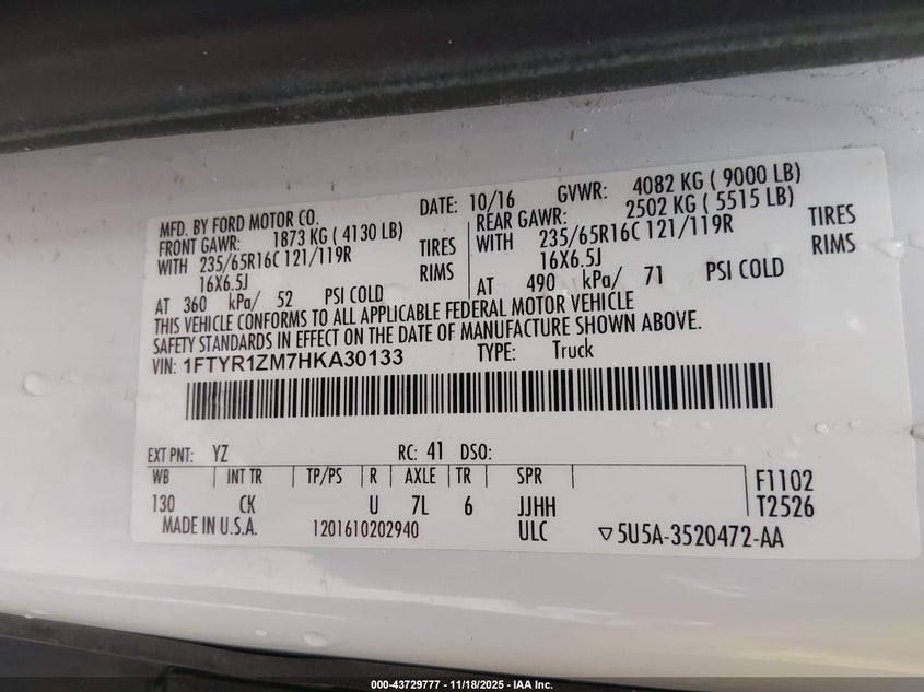 2017 Ford Transit-250 VIN: 1FTYR1ZM7HKA30133 Lot: 43729777