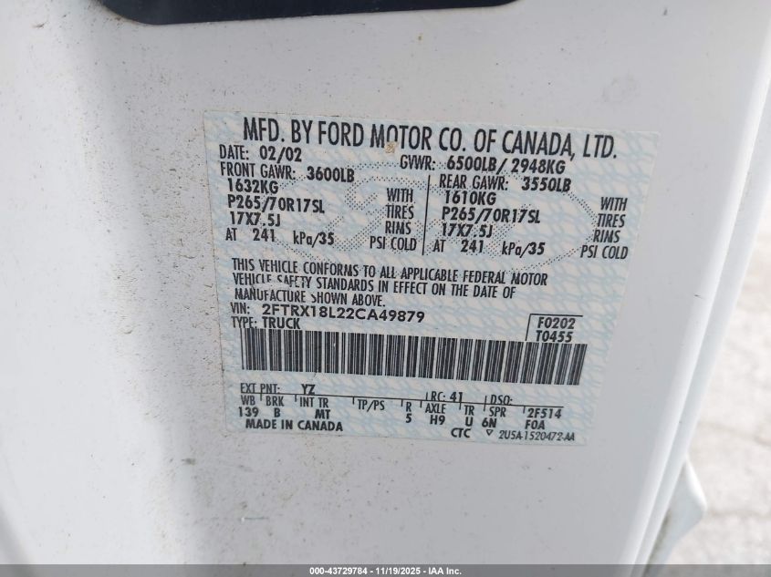 2002 Ford F-150 Lariat/Xl/Xlt VIN: 2FTRX18L22CA49879 Lot: 43729784