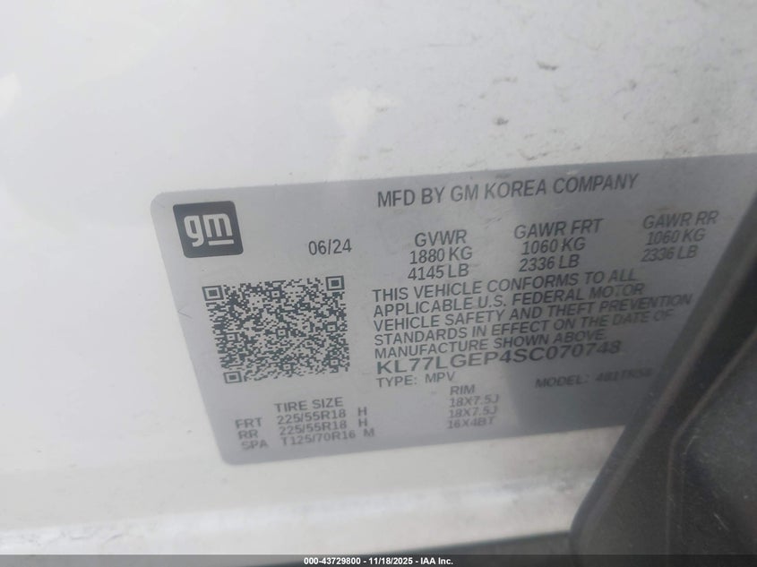 2025 Chevrolet Trax Fwd 1Rs VIN: KL77LGEP4SC070748 Lot: 43729800