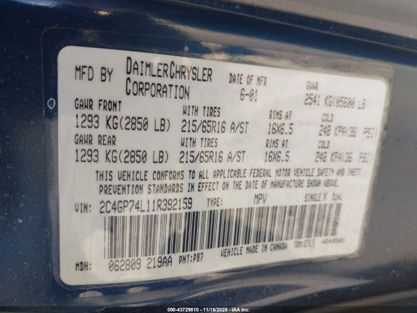 2001 Chrysler Town & Country Ex VIN: 2C4GP74L11R392159 Lot: 43729810