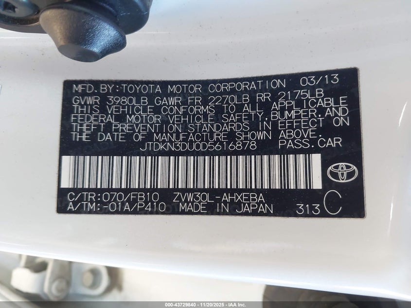 2013 Toyota Prius Two VIN: JTDKN3DU0D5616878 Lot: 43729840