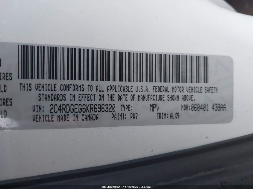 2019 Dodge Grand Caravan Gt VIN: 2C4RDGEG6KR696320 Lot: 43729851