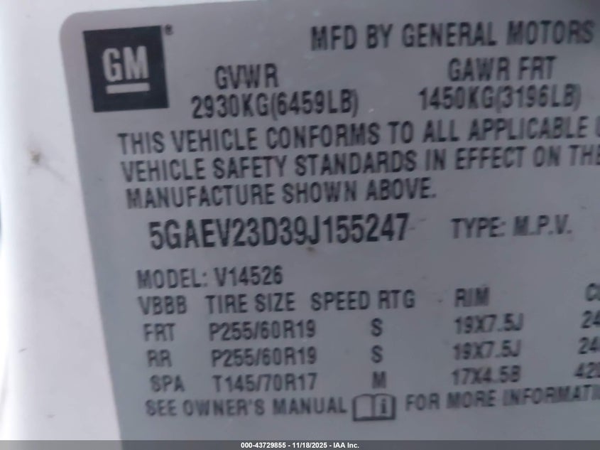 2009 Buick Enclave Cxl VIN: 5GAEV23D39J155247 Lot: 43729855