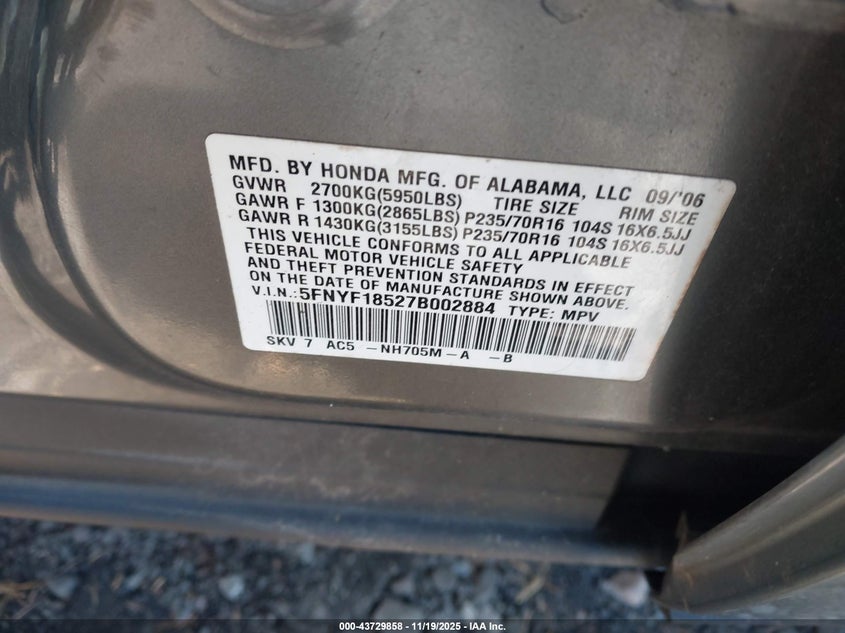 2007 Honda Pilot Ex-L VIN: 5FNYF18527B002884 Lot: 43729858