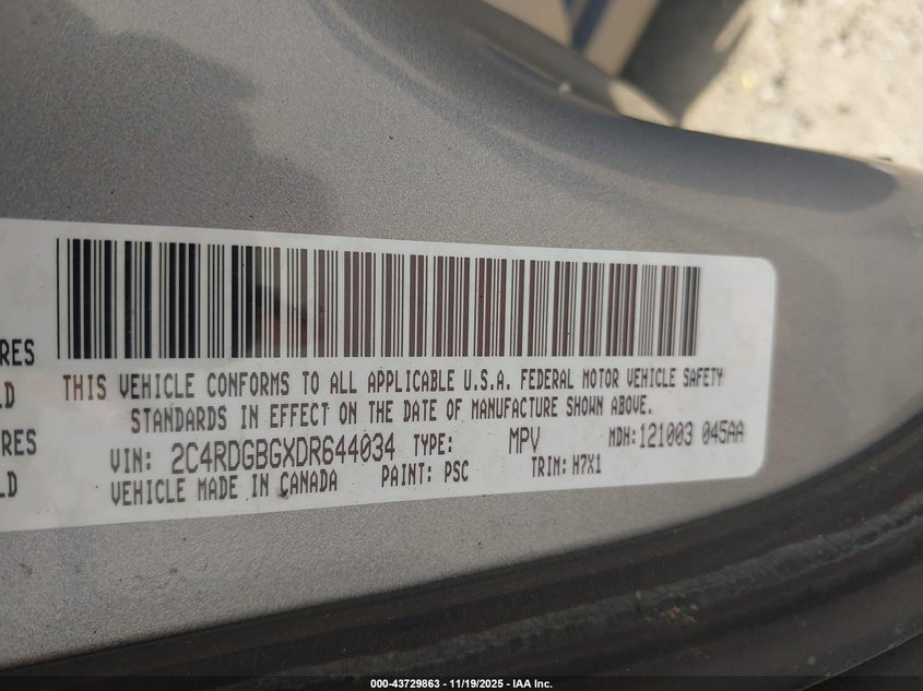 2013 Dodge Grand Caravan Se VIN: 2C4RDGBGXDR644034 Lot: 43729863