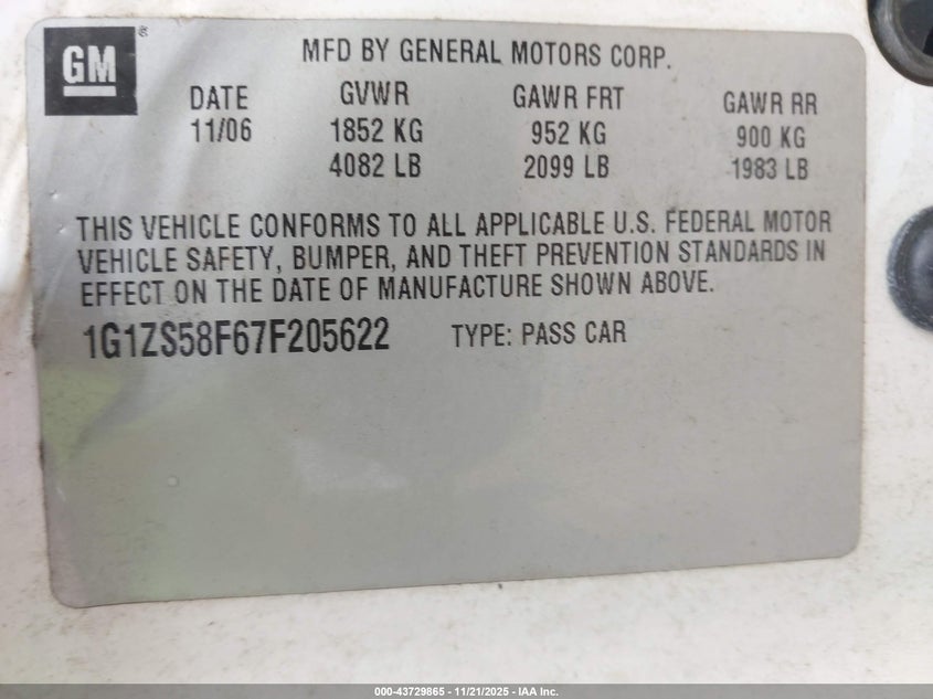 2007 Chevrolet Malibu Ls VIN: 1G1ZS58F67F205622 Lot: 43729865