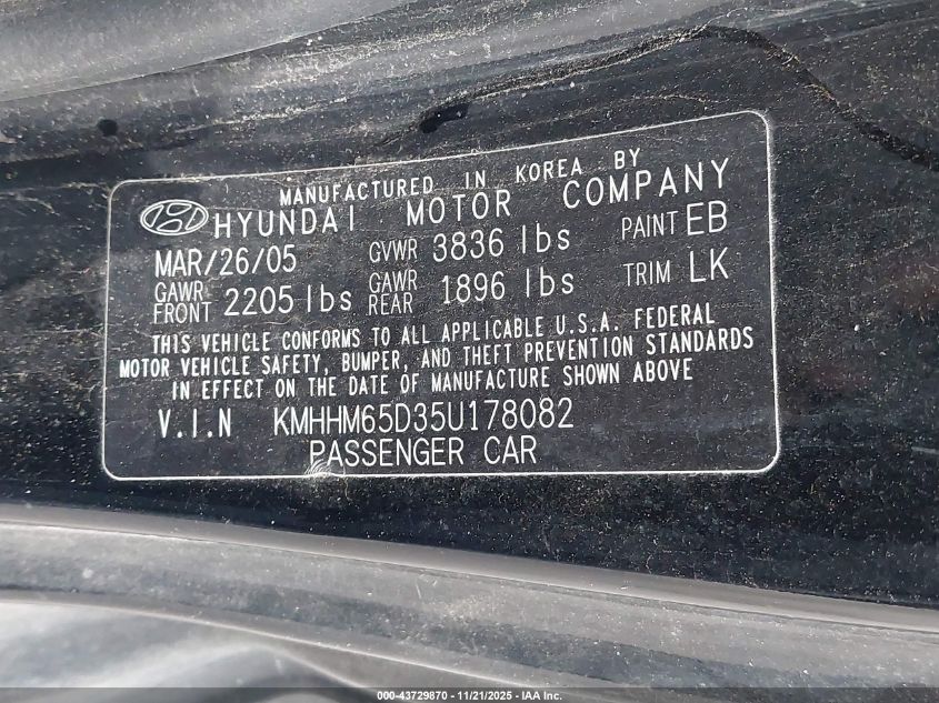 2005 Hyundai Tiburon Gs VIN: KMHHM65D35U178082 Lot: 43729870