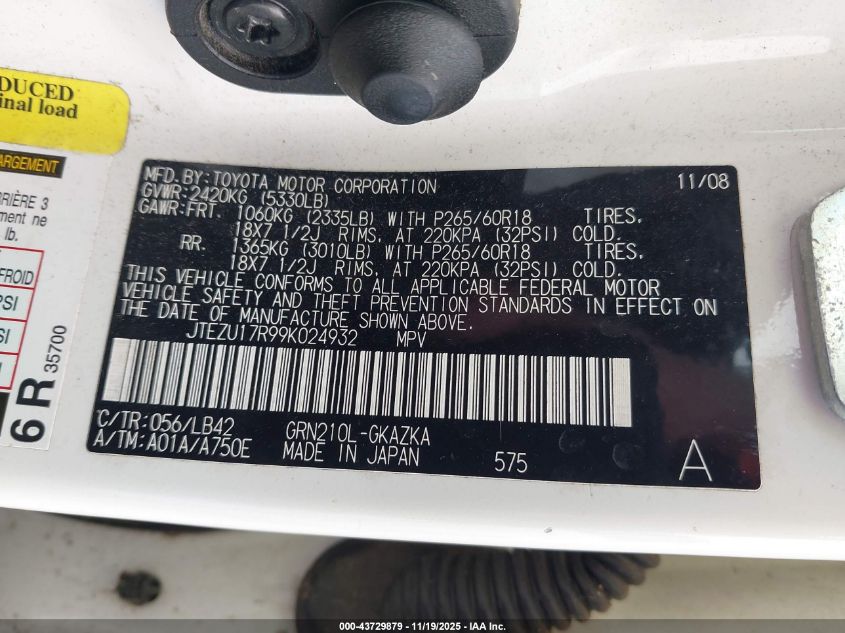 2009 Toyota 4Runner Limited V6 VIN: JTEZU17R99K024932 Lot: 43729879