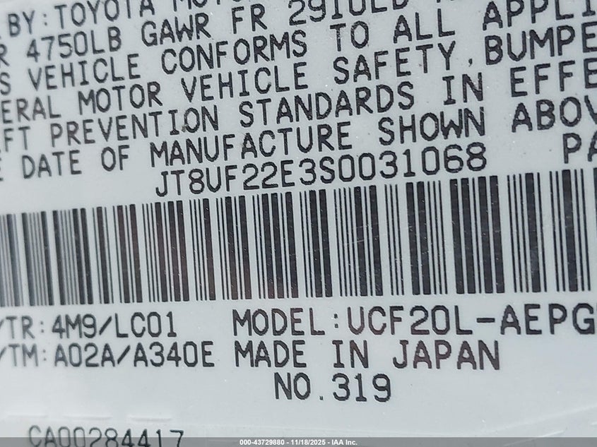 1995 Lexus Ls 400 VIN: JT8UF22E3S0031068 Lot: 43729880