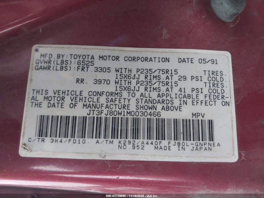 1991 Toyota Land Cruiser Fj80 VIN: JT3FJ80W1M0030466 Lot: 43729890