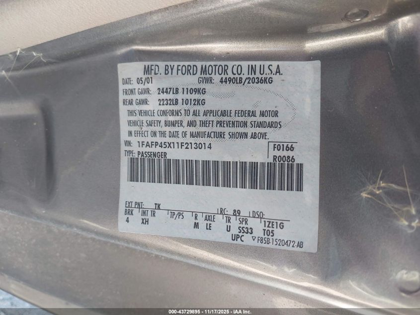 2001 Ford Mustang Gt VIN: 1FAFP45X11F213014 Lot: 43729895