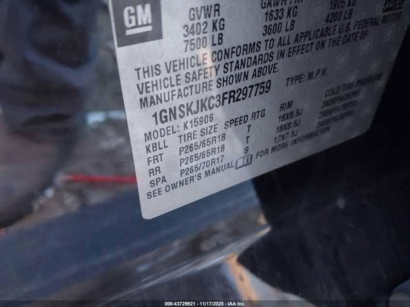 2015 Chevrolet Suburban 1500 Lt VIN: 1GNSKJKC3FR297759 Lot: 43729921