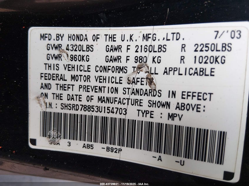 2003 Honda Cr-V Ex VIN: SHSRD78853U154703 Lot: 43729931