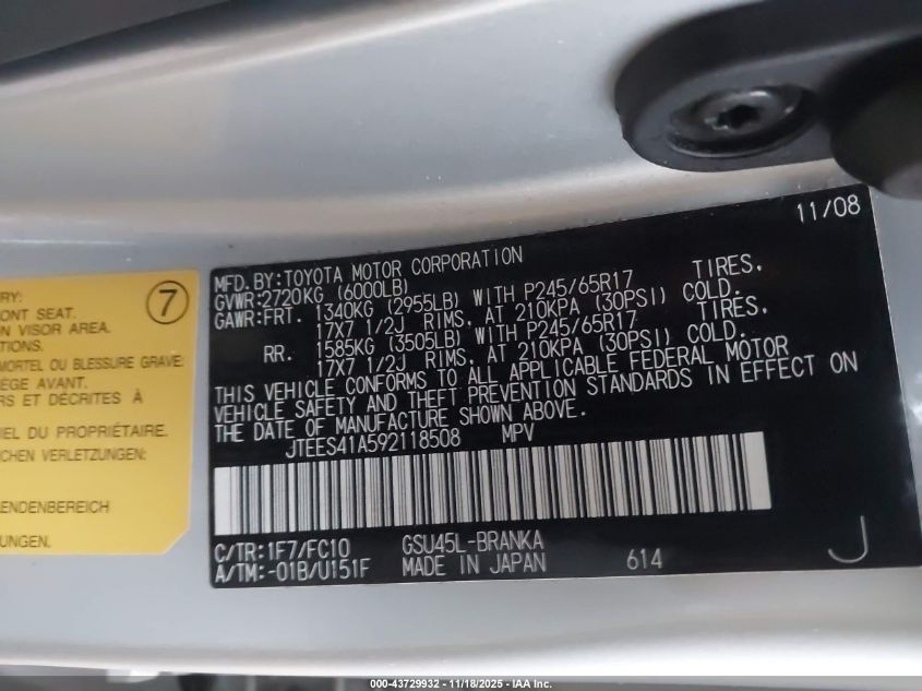 2009 Toyota Highlander VIN: JTEES41A592118508 Lot: 43729932