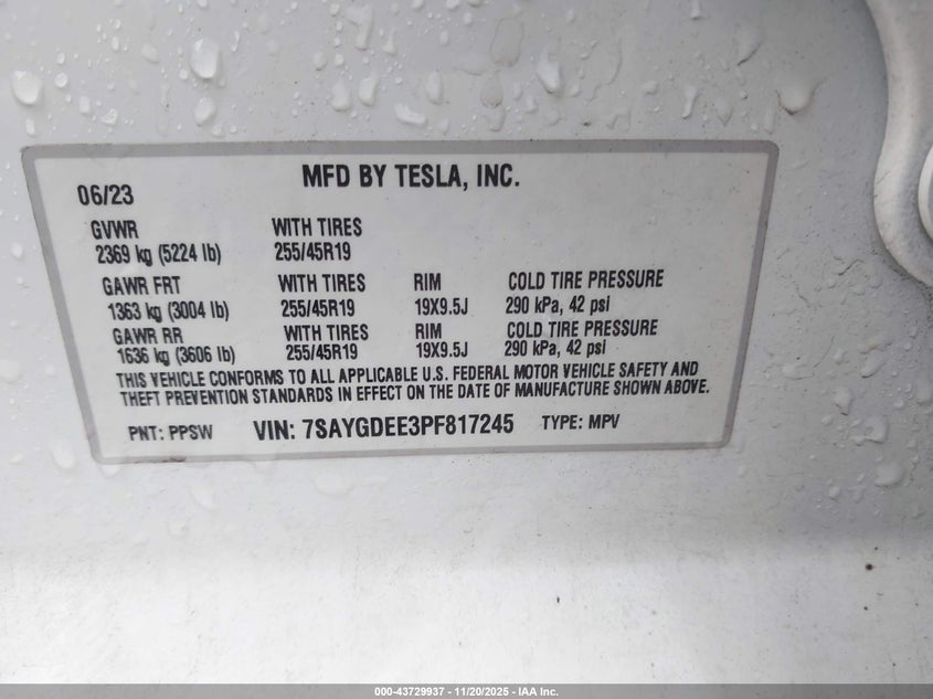 2023 Tesla Model Y Awd/Long Range Dual Motor All-Wheel Drive VIN: 7SAYGDEE3PF817245 Lot: 43729937