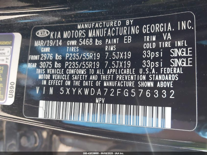 2015 Kia Sorento Limited V6 VIN: 5XYKWDA72FG576332 Lot: 43729959