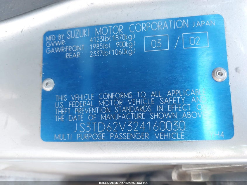 2002 Suzuki Grand Vitara Jlx/Limited VIN: JS3TD62V324160030 Lot: 43729966