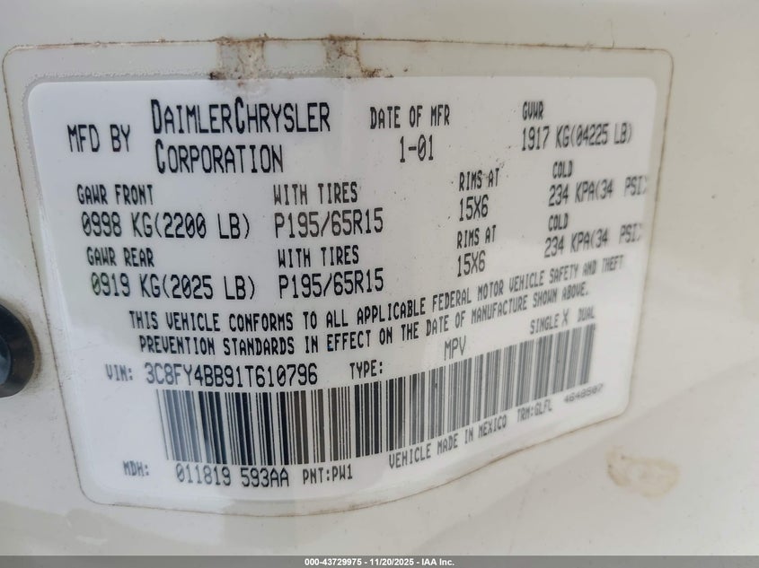 2001 Chrysler Pt Cruiser VIN: 3C8FY4BB91T610796 Lot: 43729975