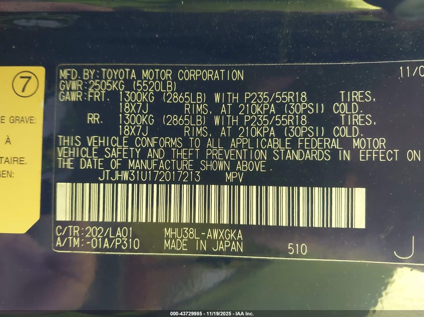 2007 Lexus Rx 400H VIN: JTJHW31U172017213 Lot: 43729985