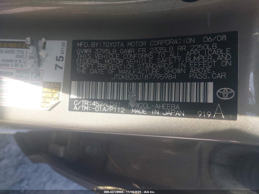 JTDKB20U187795984 2008 TOYOTA PRIUS photo no. 9