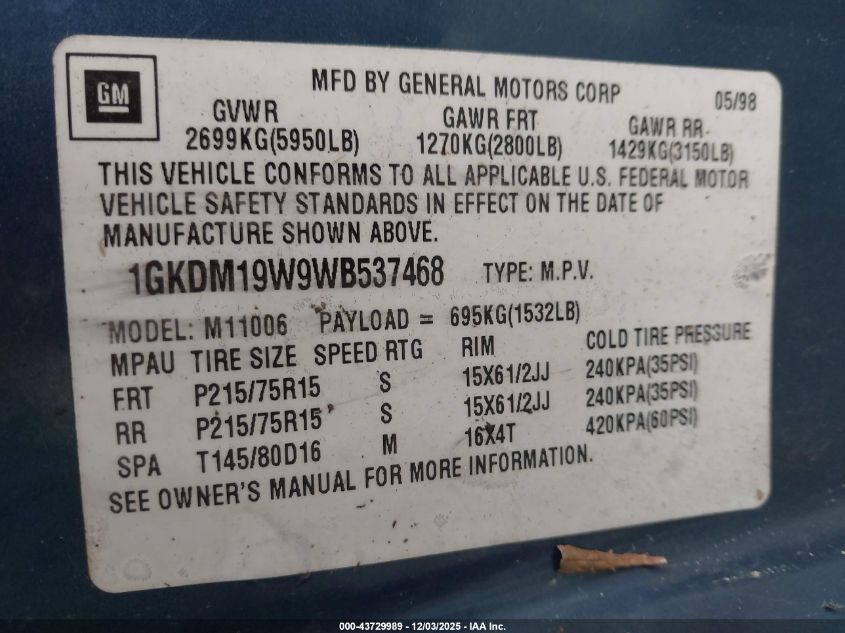 1998 GMC Safari Sle VIN: 1GKDM19W9WB537468 Lot: 43729989
