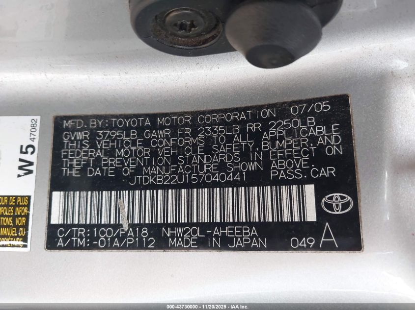 2005 Toyota Prius VIN: JTDKB22U157040441 Lot: 43730000