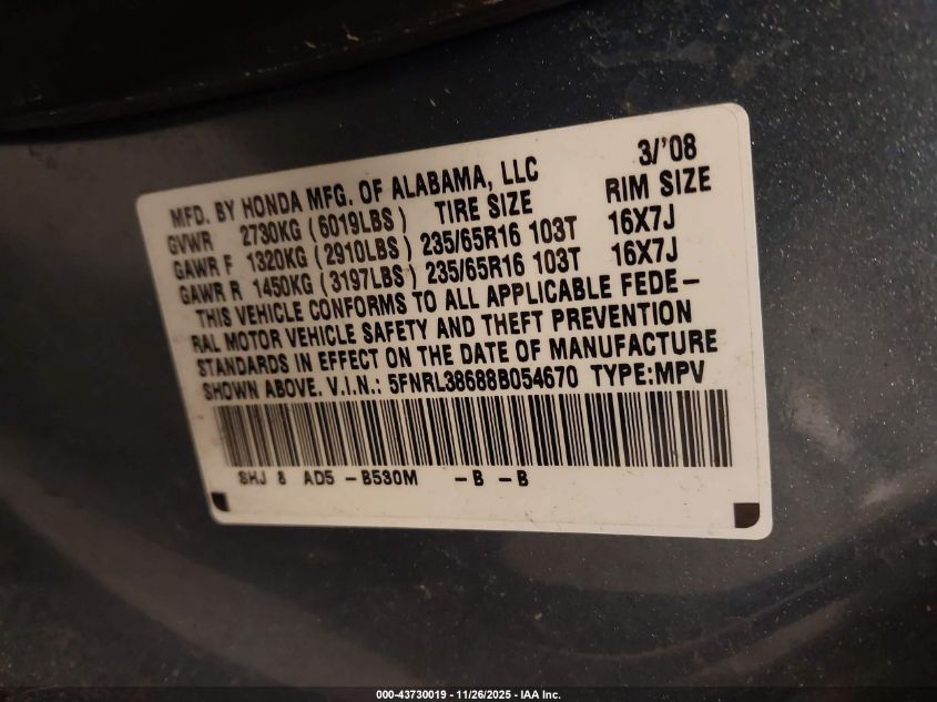 2008 Honda Odyssey Ex-L VIN: 5FNRL38688B054670 Lot: 43730019