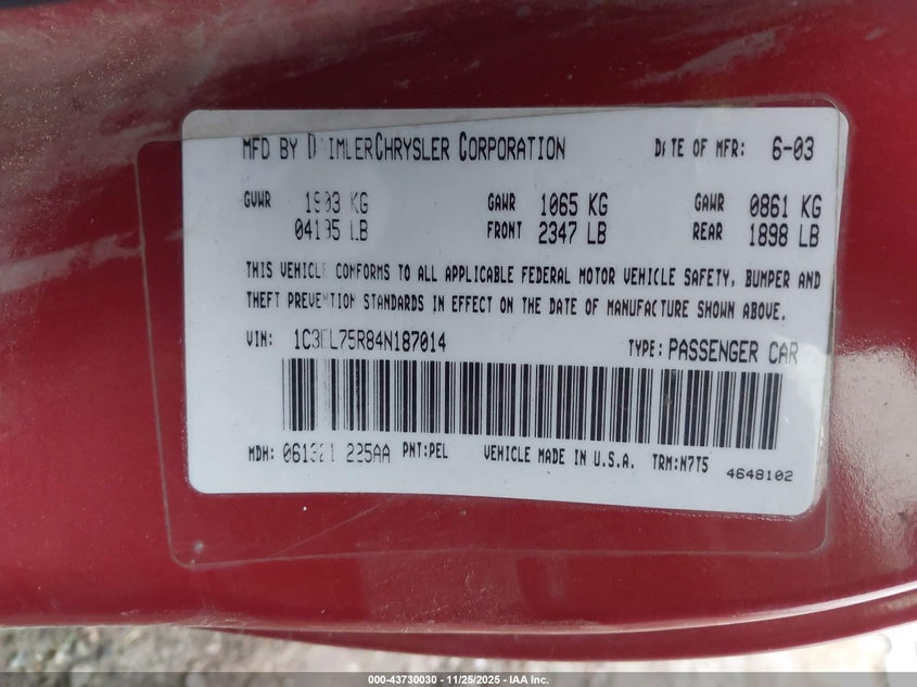 2004 Chrysler Sebring Gtc VIN: 1C3EL75R84N187014 Lot: 43730030