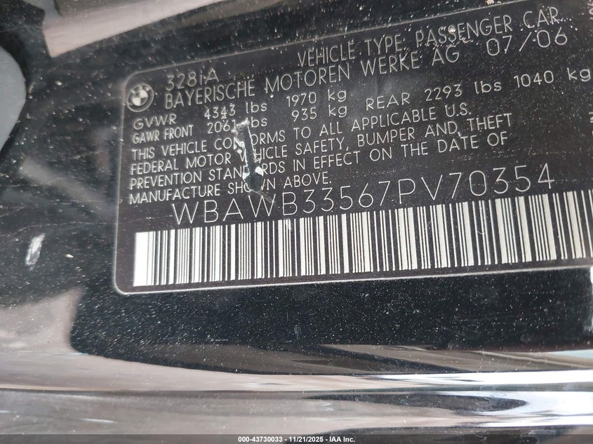 2007 BMW 328I VIN: WBAWB33567PV70354 Lot: 43730033